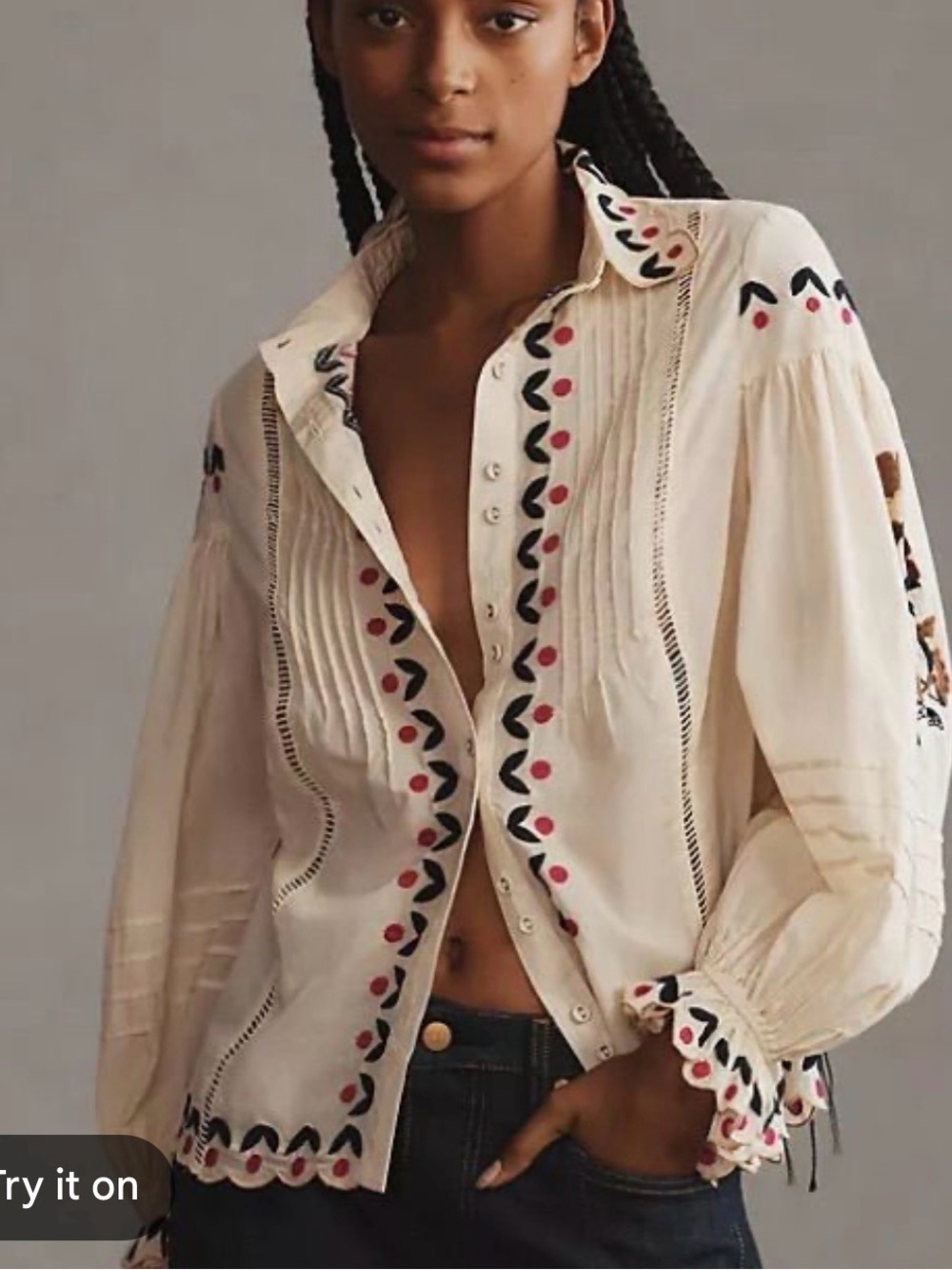 FARM Rio Cream Button-Down Blouse with Black & Pink Embroidery - Picture 1 of 10